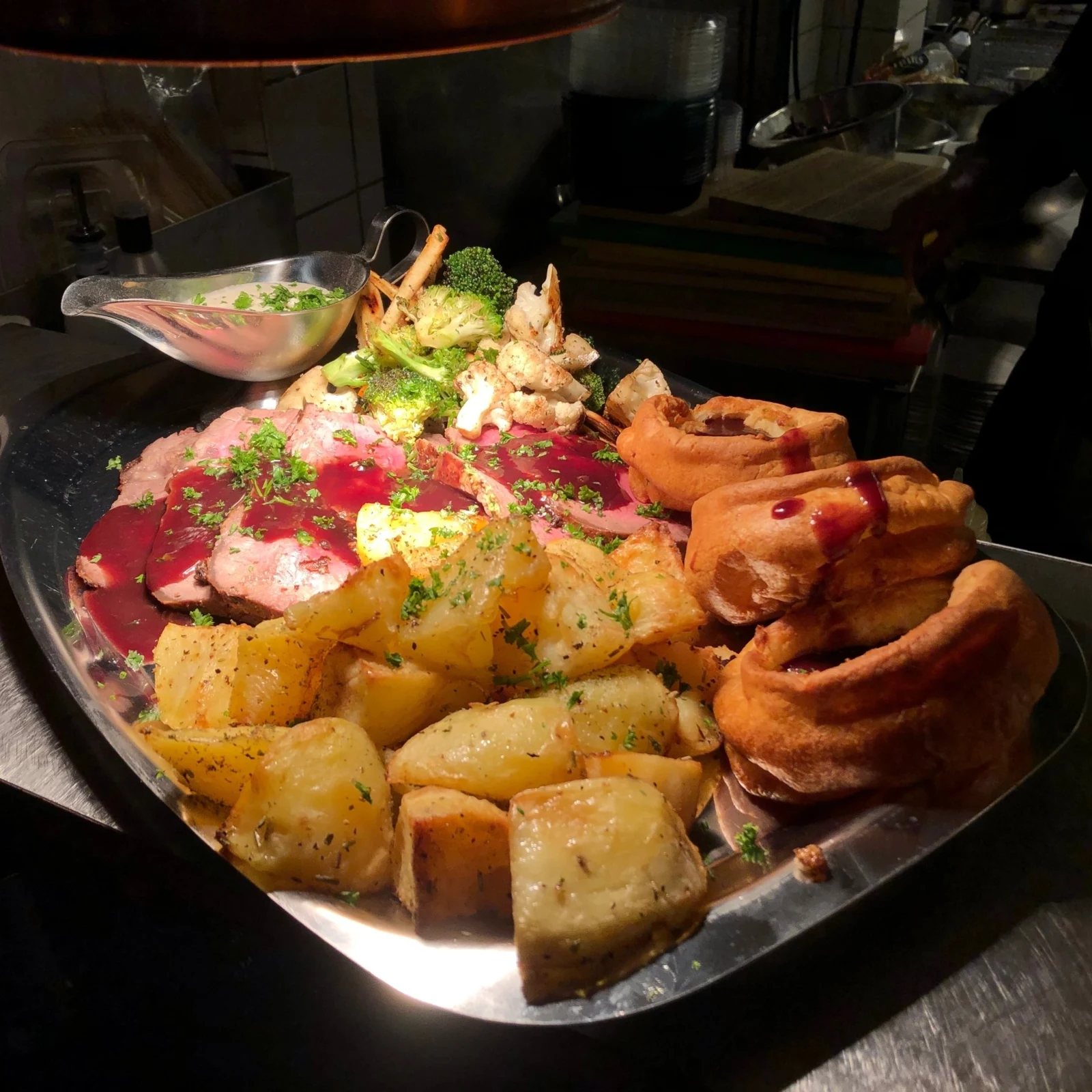 Roast meat, potatoes, vegetables and gravy from O’Neill’s kitchen